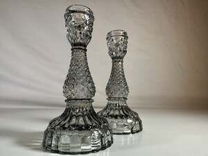 Twin French Art Deco Smoked Crystal Candlesticks Pair Vintage 6.5 Inch